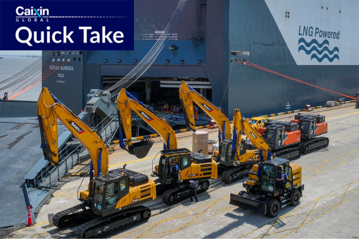 A batch of excavators, road rollers and cranes manufactured by Sany are set to be exported to Europe on Aug. 23 at Taicang Port in Jiangsu. Photo: VCG